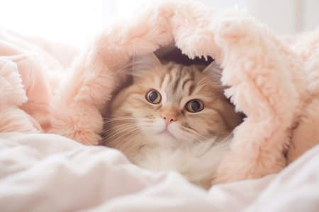 Close up of domestic cat lying on the bed in the bedroom. Cat relax on the bed at home. Soft pastel colors image.の素材