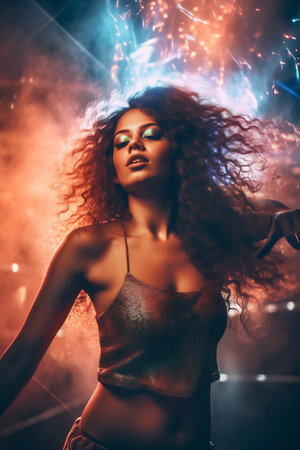 Young brunette mulatto woman dancing at a night disco club. Motion blur.の素材