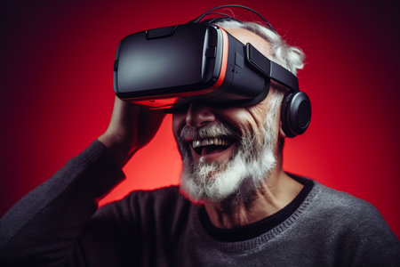 Senior man having fun with virtual reality glasses. Old people using new headset goggles trends technology.の素材
