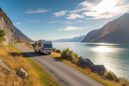 Photo for Camper van motor home on the landscape with mountains and lake. Car traveling illustration. Freedom vacation travel. Caravan design concept. - Royalty Free Image