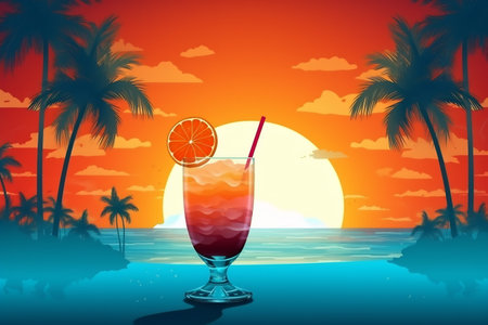 Summer holidays illustration - cocktail on a beach against a sunny sunset seascape.の素材
