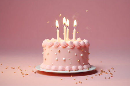 Birthday cake with sprinkles and candles on a pink background with copyspace.の素材