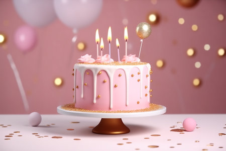 Birthday cake with sprinkles and candles on a pink background with copyspace.の素材