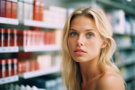 Smiling young blondie selecting cosmetics in store.の素材