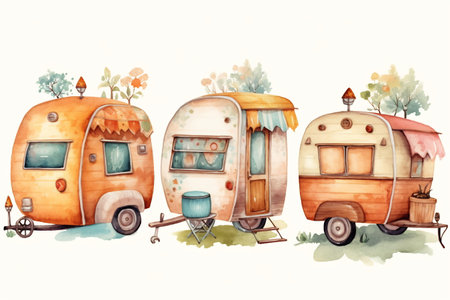 Set of Travel Trailer Caravans with different landscapes. Objects on light background.の素材