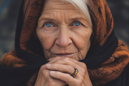 Close up cropped image of a grateful mature senior woman keeping hands near faceの素材