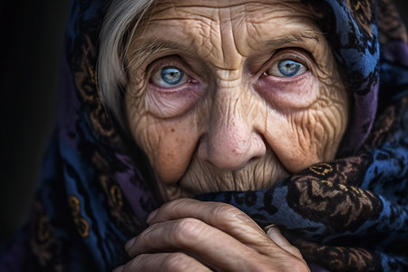 Close up cropped image of a grateful mature senior woman keeping hands near faceの素材