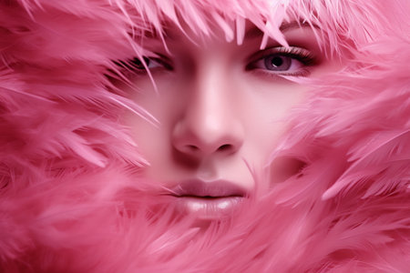 Close up fashion studio photo of an elegant woman in pink feathers.の素材