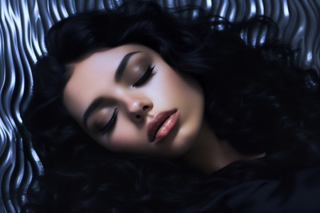Beautiful model girl with shiny black long hair with eyes closed. Treatment, care and spa procedures for haired.の素材