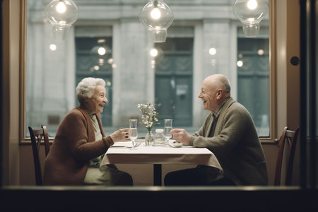 Cheerful old couple sitting at a cafe. Senior man and woman sitting at a restaurant table and smiling.の素材