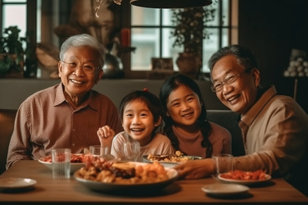 Three generation asian family gathering at home.の素材