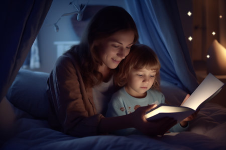 Family before going to bed mother reads to her child a book near a lamp in the evening.の素材