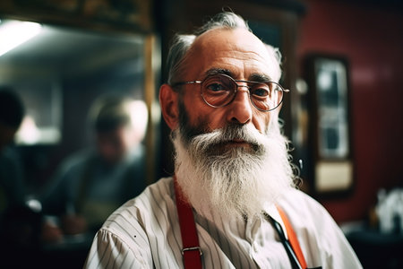 Picture of older Italian barbershop. Professional male hairstylist in salon.の素材
