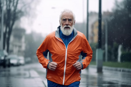 Full-length photo of a senior man in sportswear jogging running outside in a city park. Healthy active lifestyle on retirement and sport outdoor concept.の素材