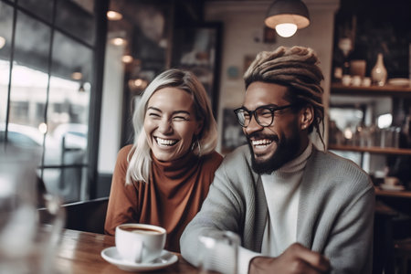 Cheerful young couple sitting at a cafe. Man and woman sitting at a restaurant table and smiling.の素材