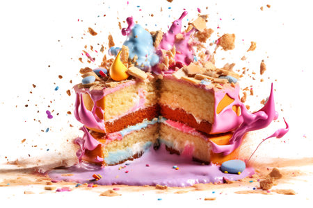 Multicolored cake explosion on light background.の素材