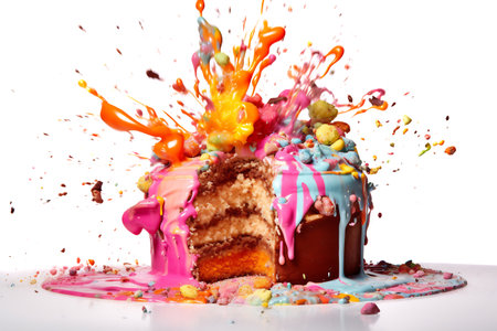Multicolored cake explosion on light background.の素材