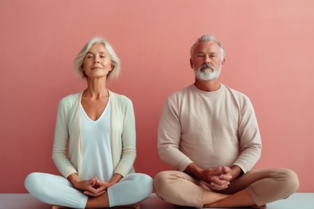 The senior couple is doing fitness yoga training at home. Doing yoga together. Healthy active lifestyle on retirement and sport concept.の素材