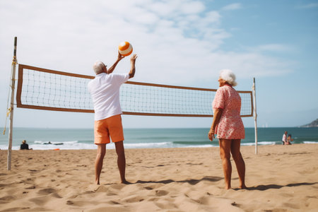 An elderly couple playing volleyball on the beach.の素材