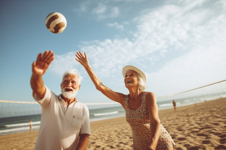 An elderly couple playing volleyball on the beach.の素材
