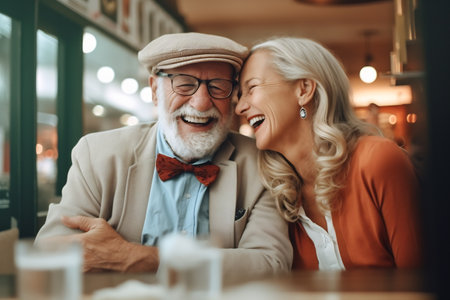 Cheerful middle age couple sitting at a cafe. Man and woman sitting at a restaurant table and smiling.の素材