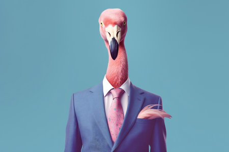 Flamingo in a blue jacket and tie.の素材