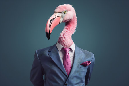 Flamingo in a blue jacket and tie.の素材
