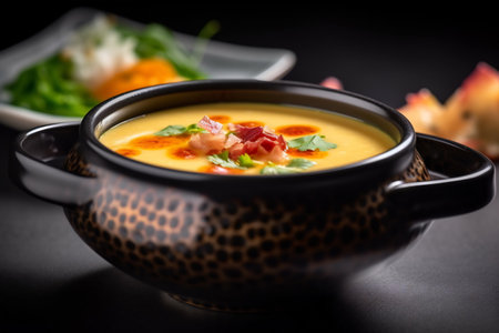 Bowl of soup on a dark background. Selective focus. Hot food concept.の素材