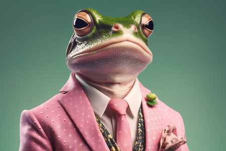 Frog in a pink dotted jacket and tie. Dressed and standing like a businessman.の素材