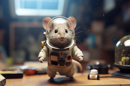 Mouse astronaut in a space suit. Mouse with black eyes, nice, sweet animal, small nose. Colorful. Photo realistic, concept art, cinematic light.の素材
