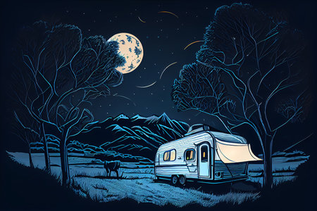 Camper van and fireplace - night mountain, full moon and forest background image.の素材