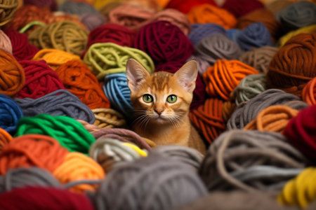 Red cat hiding in multicolored balls yarn balls. Little curious kitten looking at the camera.の素材