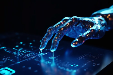 Cyber hand touch digital interface. Future concept technology or cyber communication hologram and innovation internet system on VR cyberspace. Background of virtual computer screen display.の素材