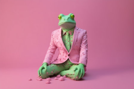 Frog in a pink dotted jacket and tie. Dressed and sitting like a businessman.の素材