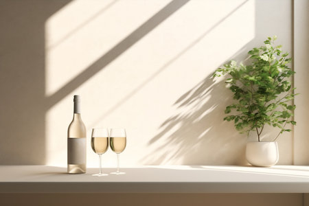 Minimal product placement background with shadow on light plaster wall. Luxury architecture interior aesthetic. Homeroom for product platform stage mockup.の素材