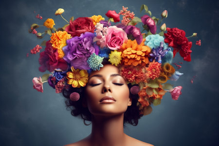 Abstract contemporary art collage portrait of a young woman with flowers on her head and hair.の素材