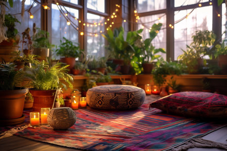 House with cozy boho ethnic interior in living room at night, pillows, cushions, green plants in a flower pot, couch or sofa and decoration at home, lighting.の素材