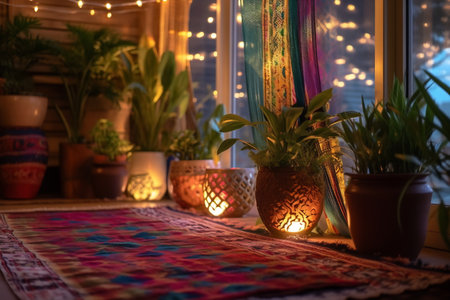 House with cozy boho ethnic interior in living room at night, pillows, cushions, green plants in a flower pot, couch or sofa and decoration at home, lighting.の素材