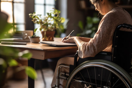 A disabled peson is sitting in a wheelchair and working.の素材