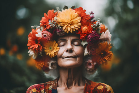 Abstract contemporary art collage portrait of a old woman with flowers on her head and hair.の素材