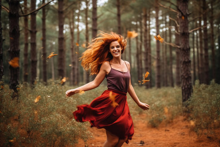 Charming girl with bright red hair joyfully dances near summer forest.の素材