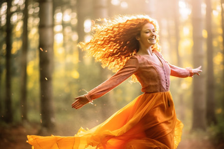 Charming girl with bright red hair joyfully dances near summer forest.の素材