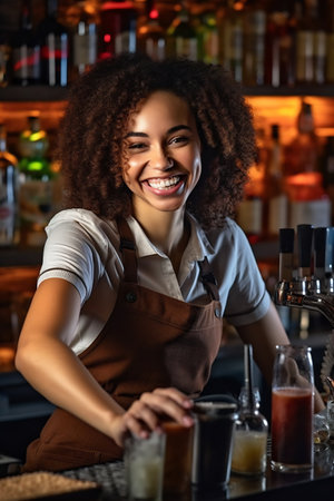 Young smiling mulatto bartender on the workplace. Shelves with bottles of alcohol in the background.の素材