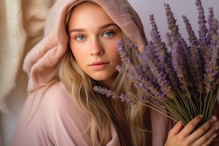 Young pretty woman with long hair lavender flowers bouquet.の素材