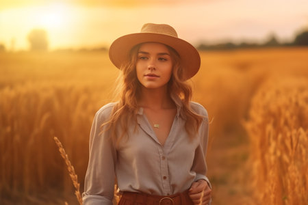 Portrait of young woman in golden field wearing straw hat lit by sunset light.の素材