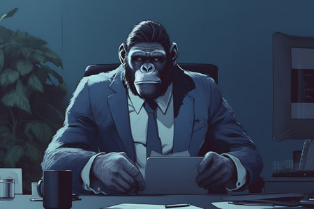 A monkey dressed like a businessman and sitting at the table.の素材