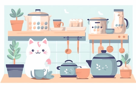 Close up of a domestic cat sitting in the kitchen. Cat relax at home. Soft pastel colors image.の素材