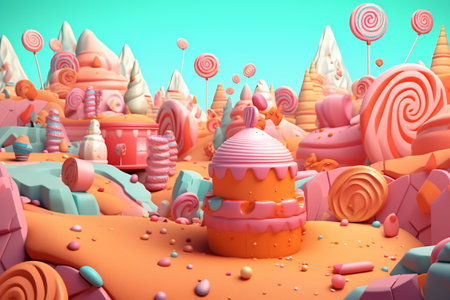 Dessert sweets city. Sweet caramel fairy house. Illustration in cartoon style. Picture for children.の素材