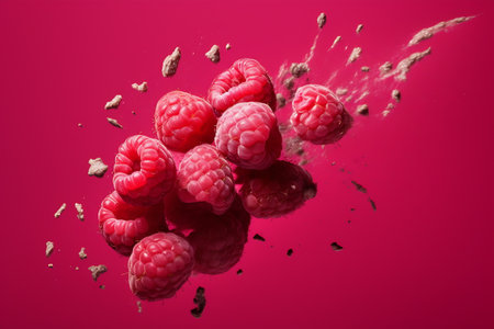 Fresh raspberry fruit in levitating in the air.の素材
