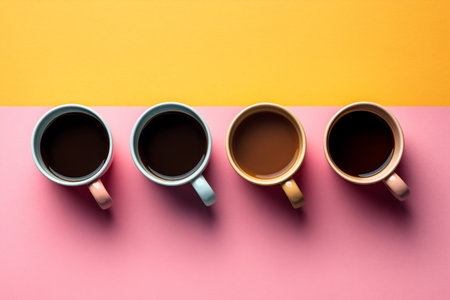 Set of coffee cups in pink yellow pastel color table. Top view.の素材